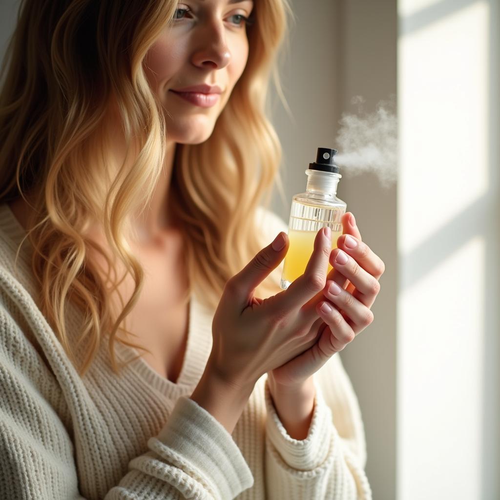 A woman applying baby powder scented perfume to her wrist.