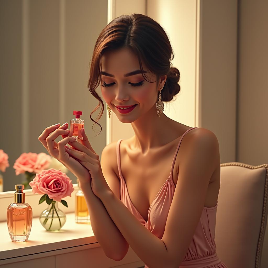 A woman applying fruity floral perfume, smiling confidently.