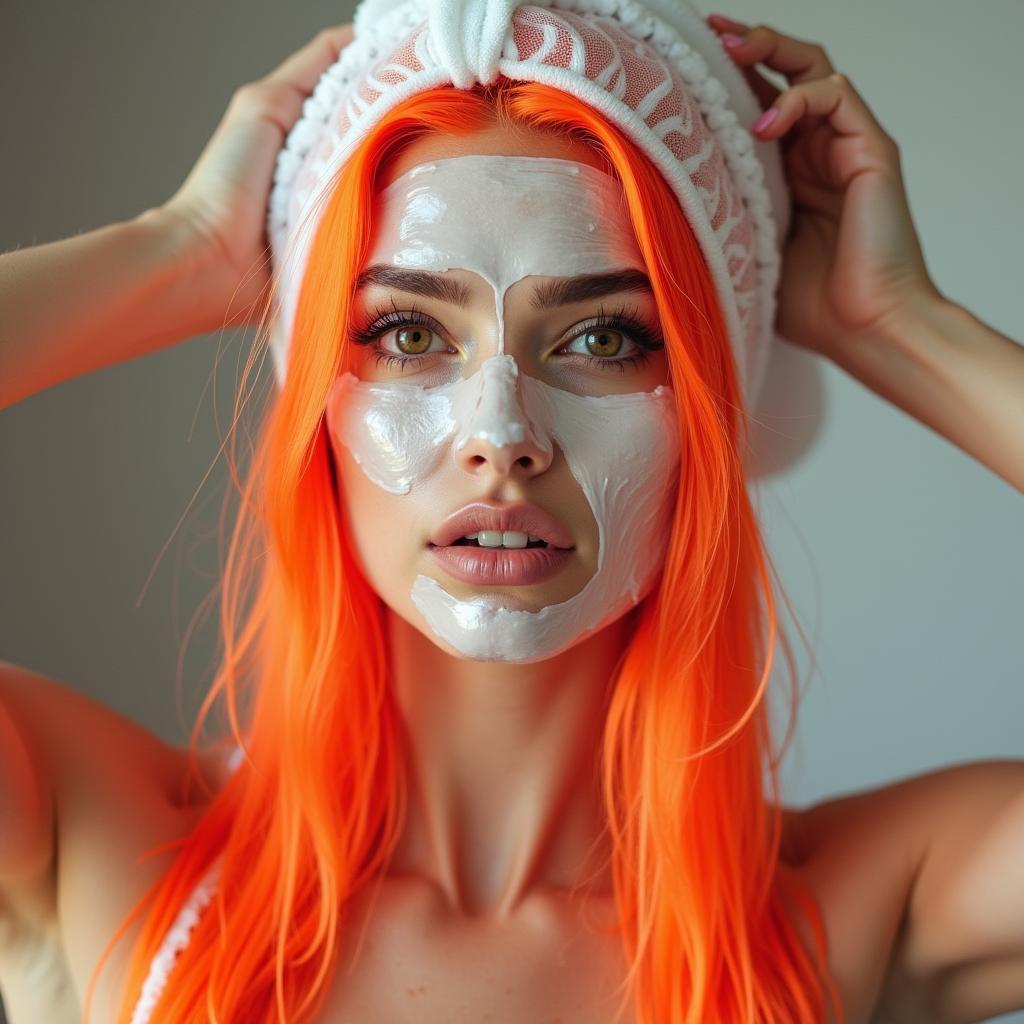 Woman Applying Hair Mask to Her Orange Neon Hair