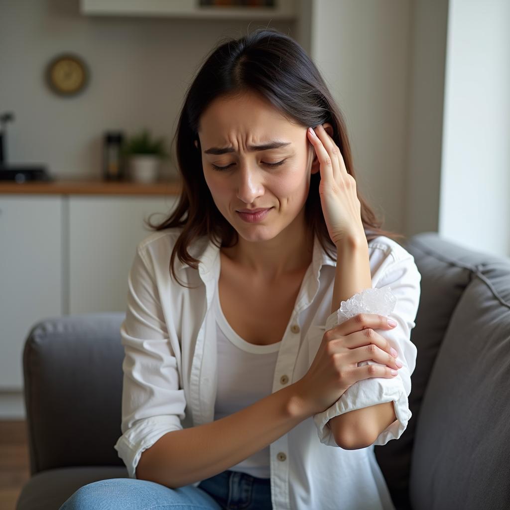 Woman applying ice pack to sore muscles after bad massage