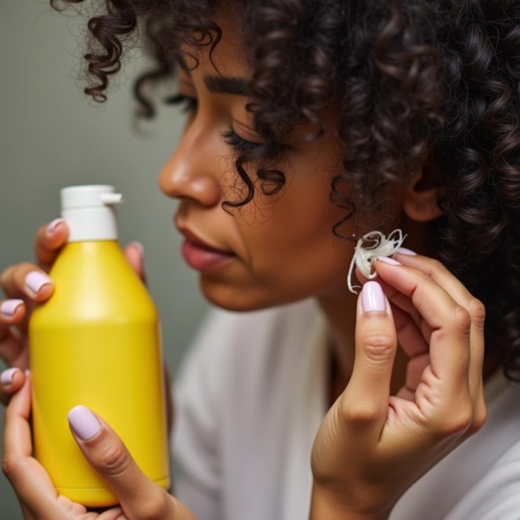 Woman Applying Curly Hair Product from a Yellow Bottle