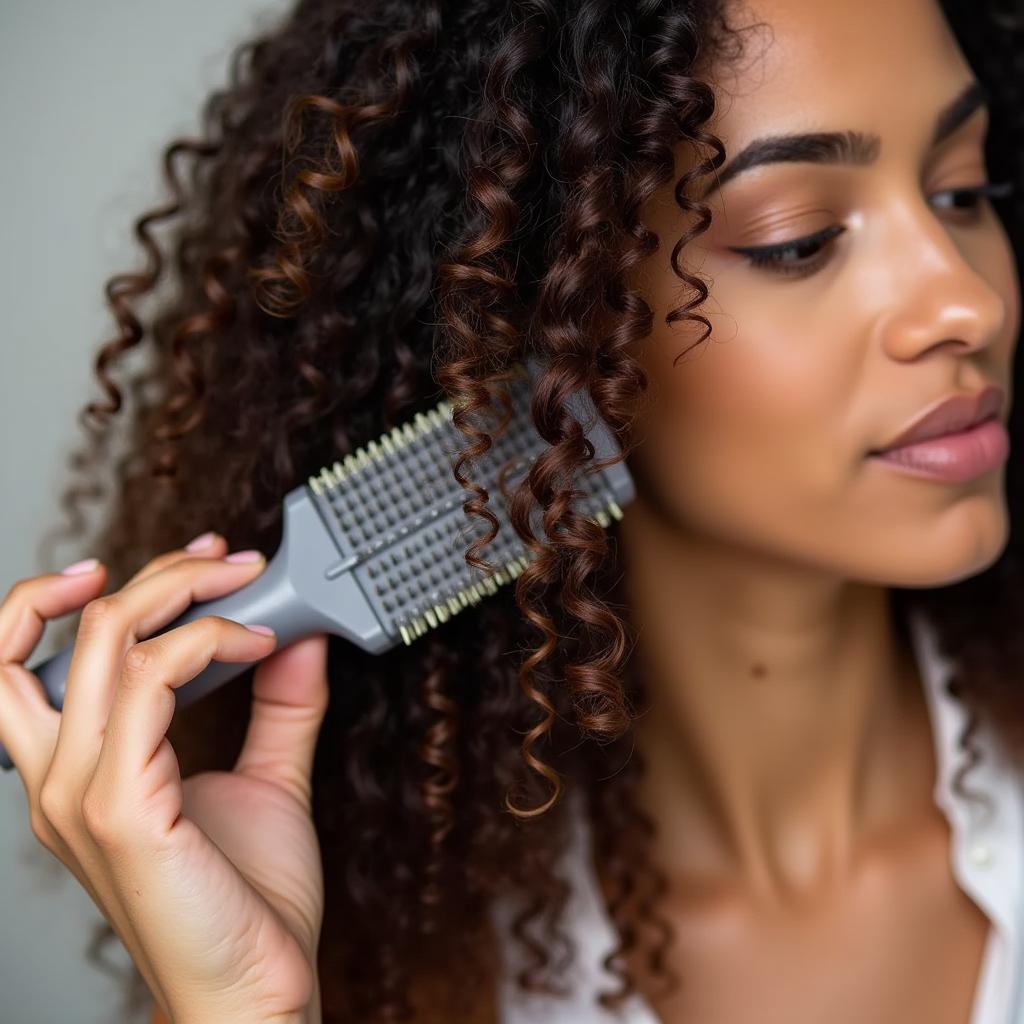 Woman Brushing Curly Hair with Rubber Brush