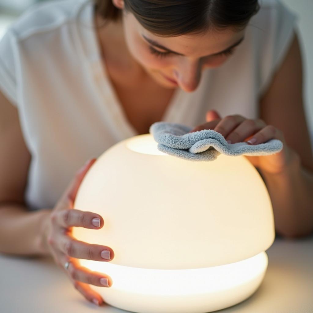 Woman cleaning her wireless gel lamp with a cloth.