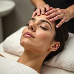 A woman relaxing and enjoying a scalp massage.