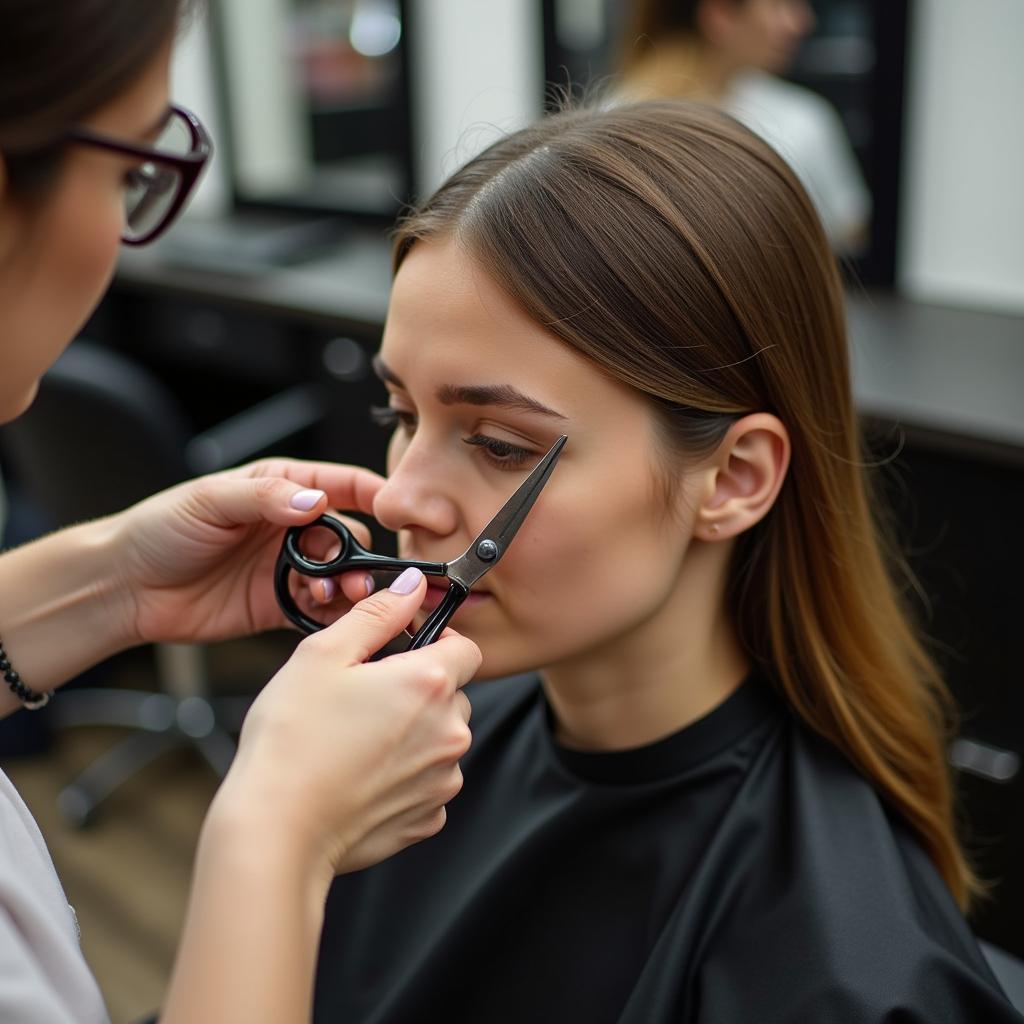 Woman getting a hot scissor haircut in a salon