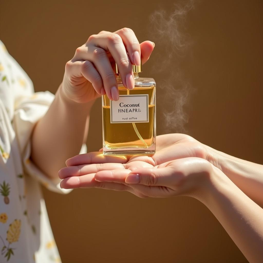 A woman spraying coconut and pineapple perfume on her wrist.