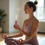 Woman using handheld diffuser during yoga session for relaxation and focus