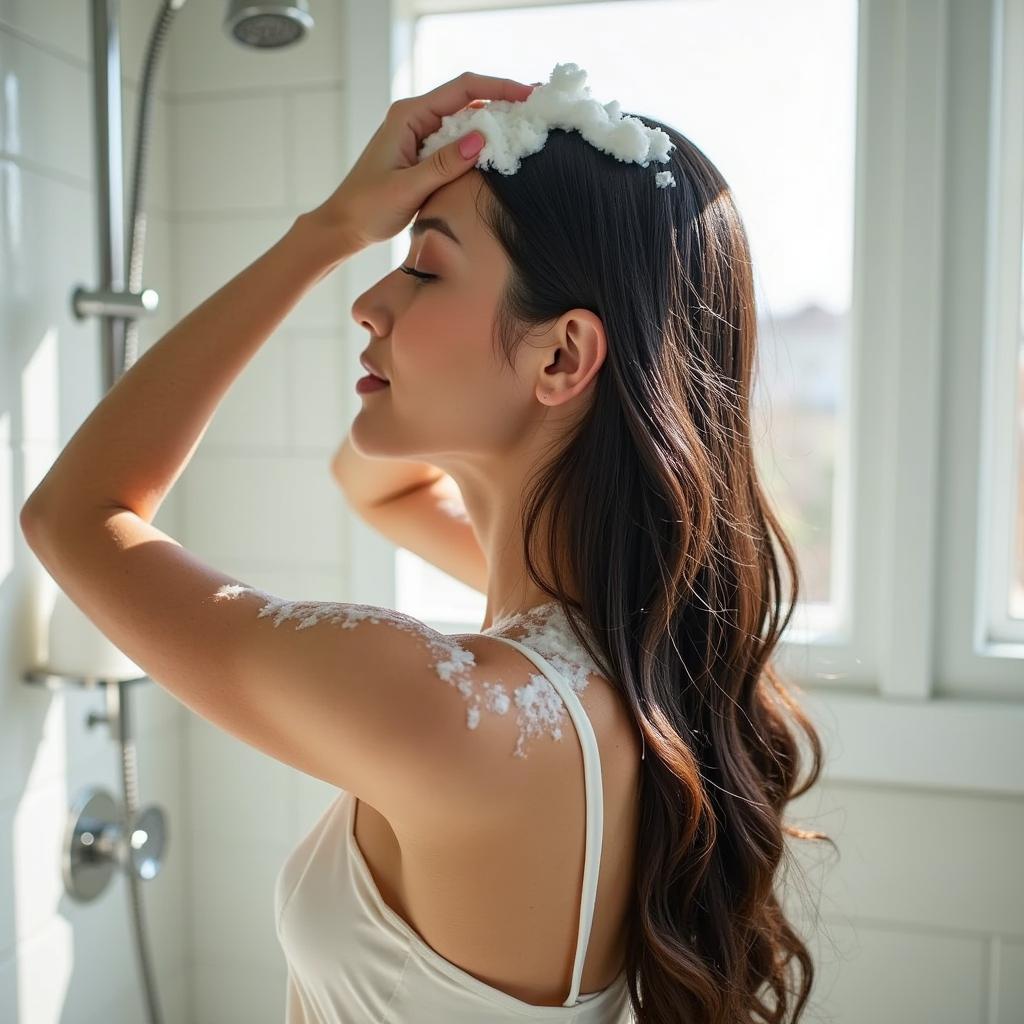 A woman washing her hair with coconut milk shampoo.