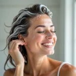 A woman washing her hair with clean living shampoo in the shower