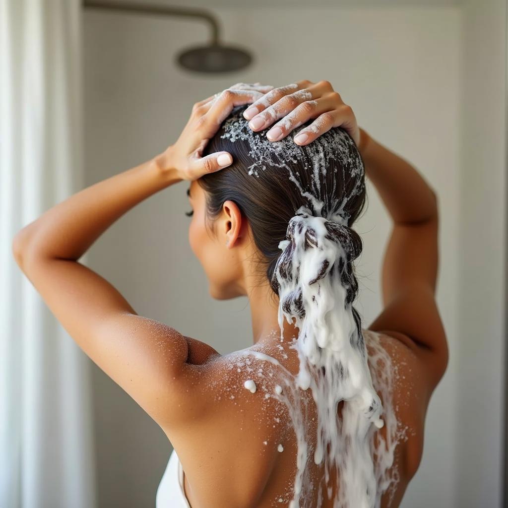 A woman washing her hair with La Beaute shampoo in the shower.