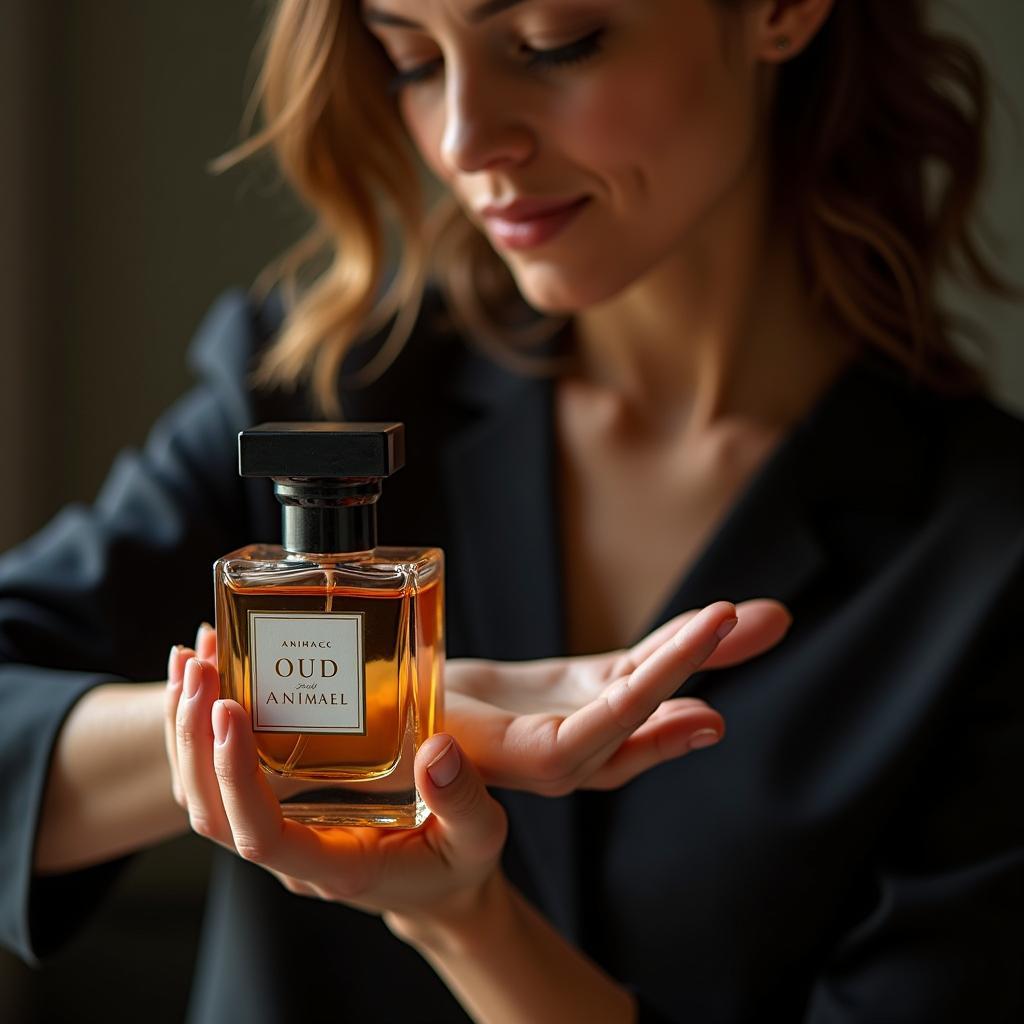 A woman applying animalic oud perfume.