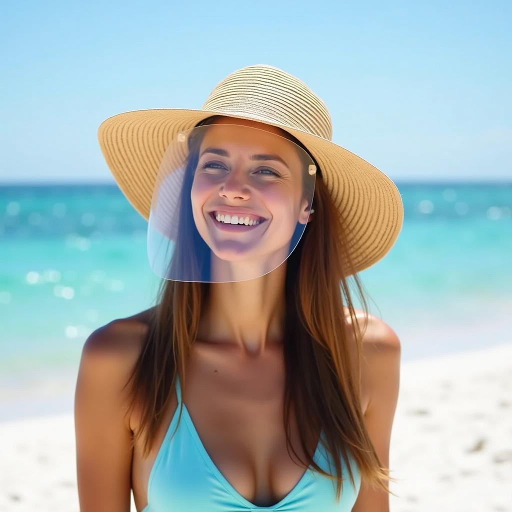 Woman Wearing a Clear Face Shield for Sun Protection at the Beach