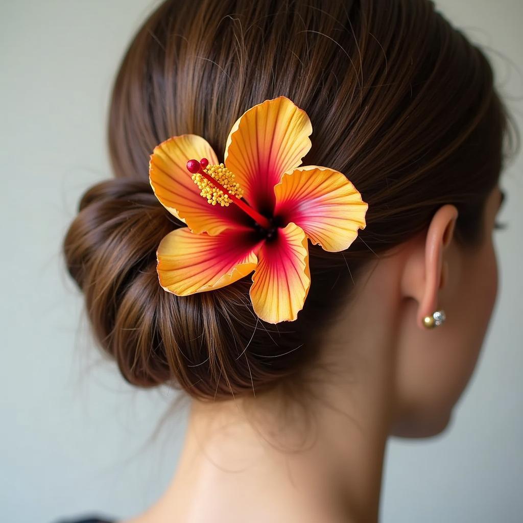 A woman with a beautiful hairstyle adorned with a vibrant hibiscus flower hair clip.