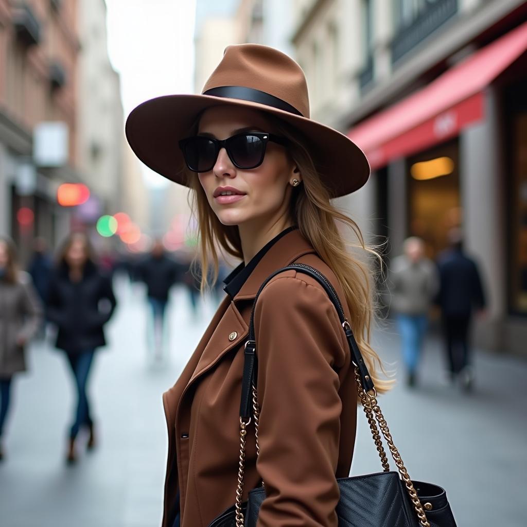 Woman wearing a large wide brim hat in a city setting