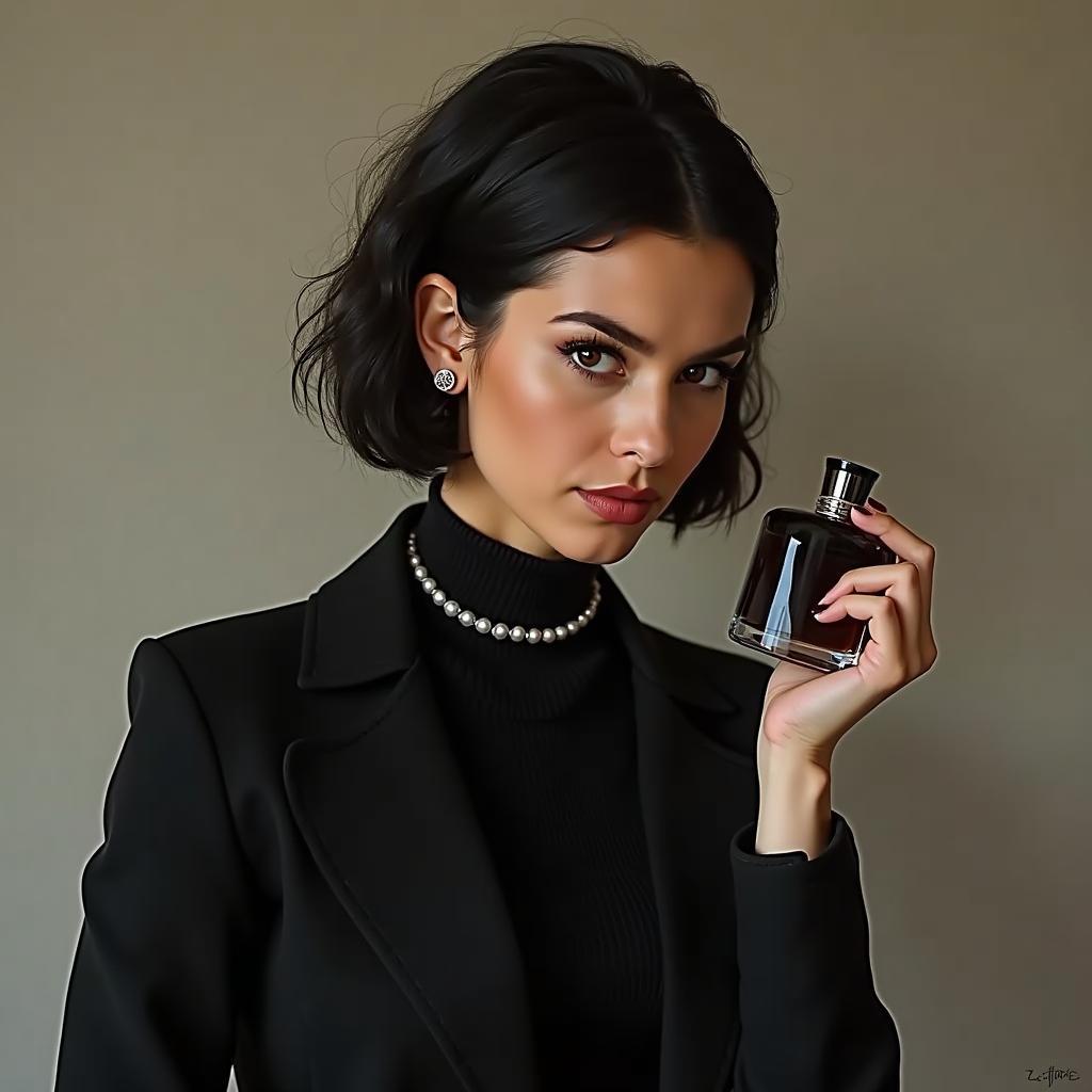 A stylish woman confidently wearing licorice perfume, radiating an aura of mystery and allure.