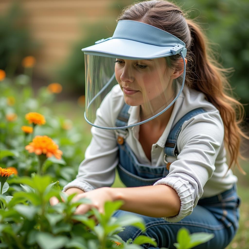 Woman Wearing Visor Sun Shield Gardening