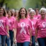 Women participating in a breast cancer walk wearing pink shirts, demonstrating unity and support.