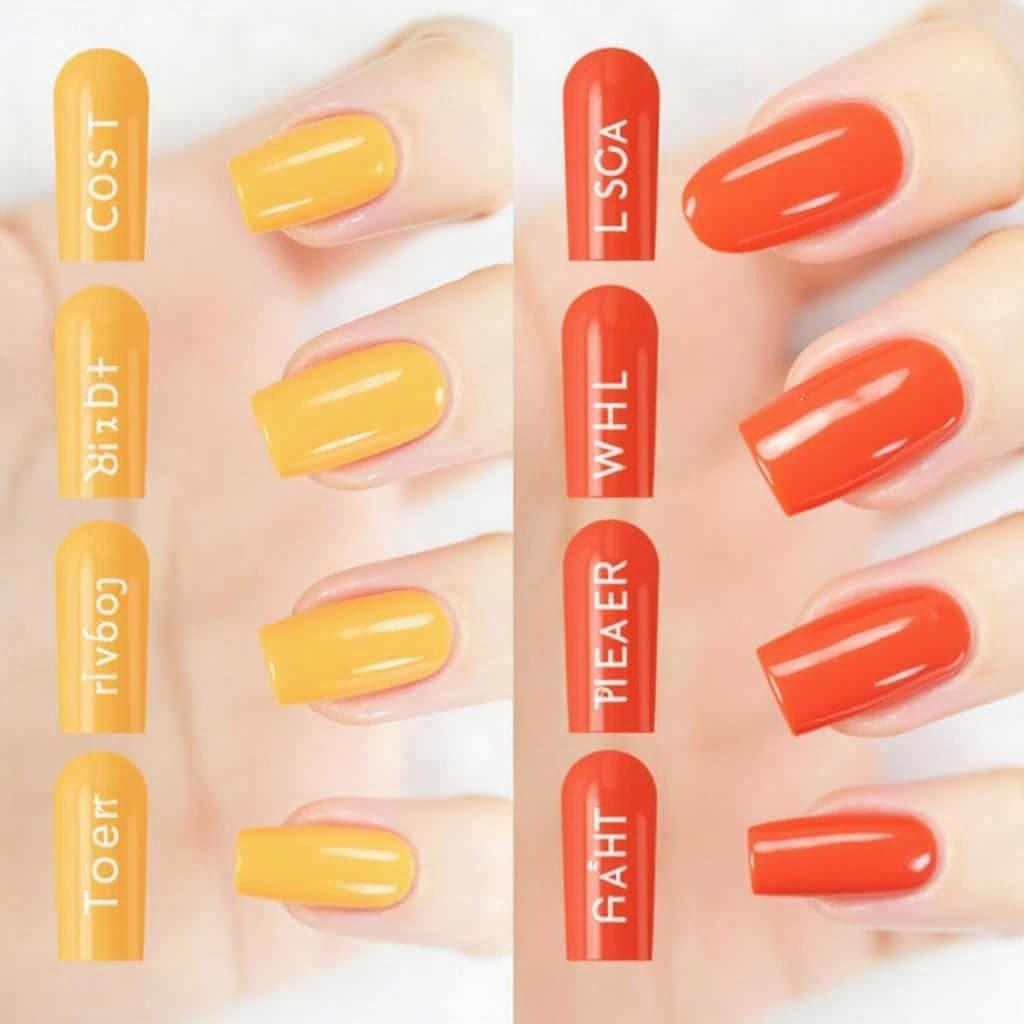 Various shades of yellow orange nail polish on different nail shapes