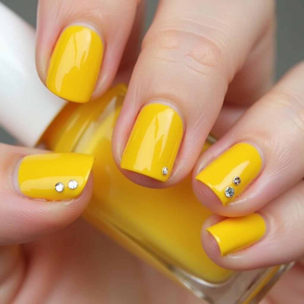 Short Yellow Nails with Rhinestones